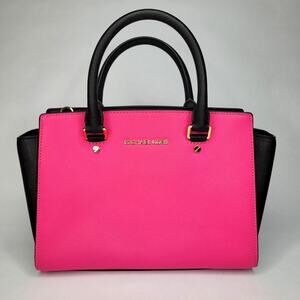 Michael Kors Selma Large Colorblock Satchel Pink Black Leather Handbag
